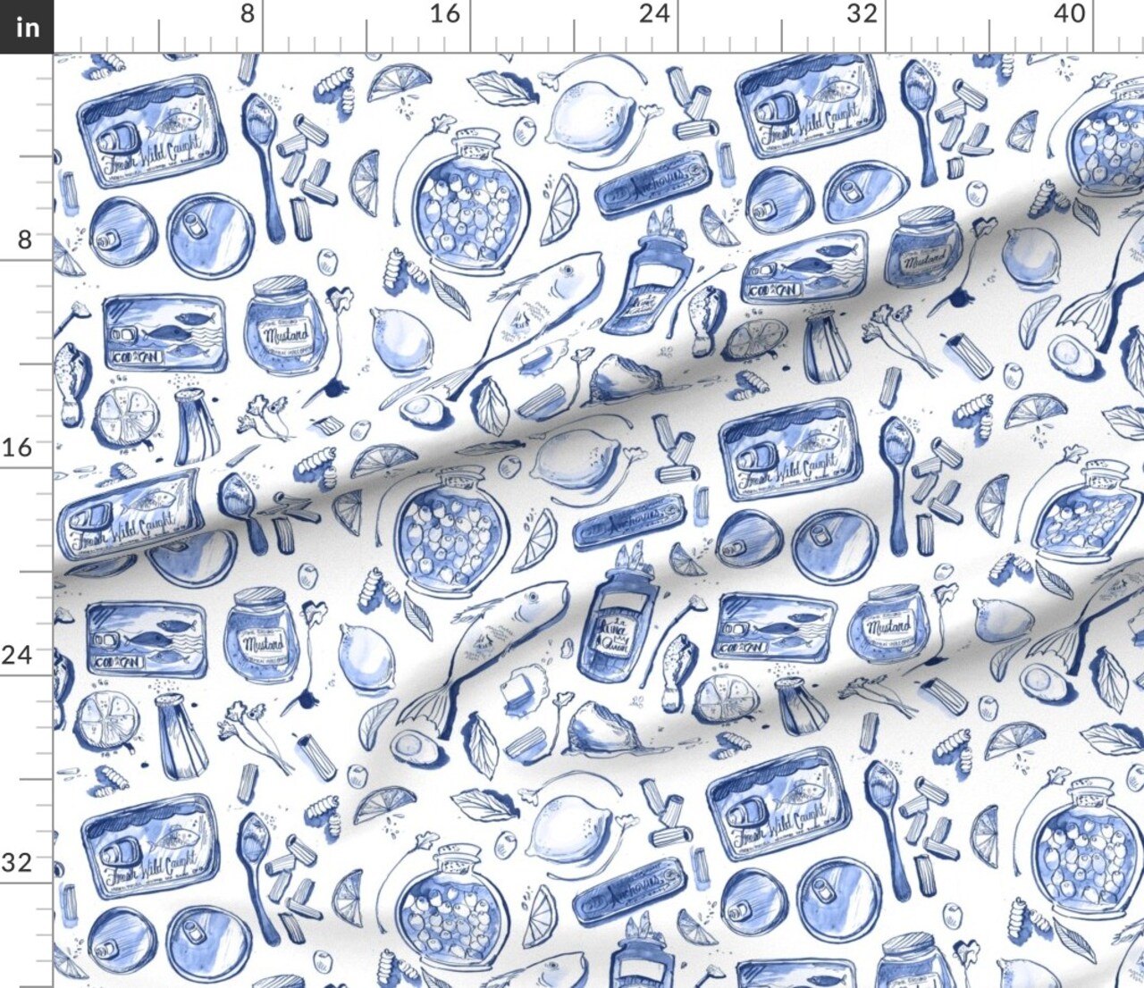 Blue Sardines Fish Summer Hand Drawn Monochromatic Brushstrokes Rustic Vacation Custom Printed Fabric by Spoonflower Various Fabrics by the Yard or Fat Quarter